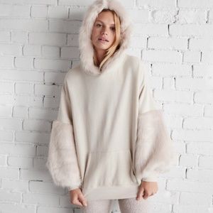 Express Beige Hooded Sweatshirt with Faux Fur Sleeves Size: XS